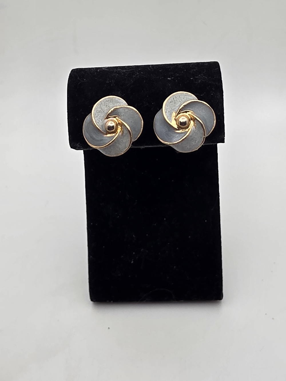 Gold-Trim Floral Swirl Gray Enamel Clip-On Earrings